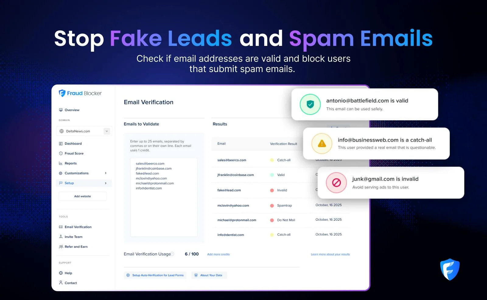Stop Fake Leads and Spam Emails email verification dashboard
