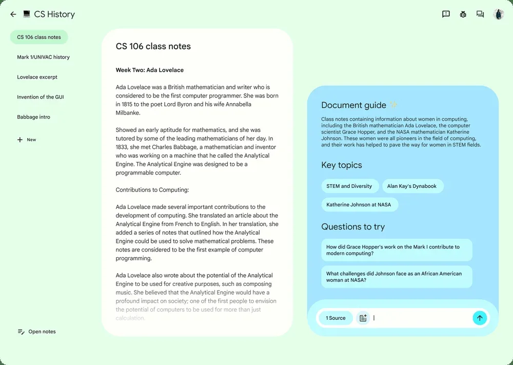 NotebookLM notebook on Ada Lovelace with sources, chat and document guide