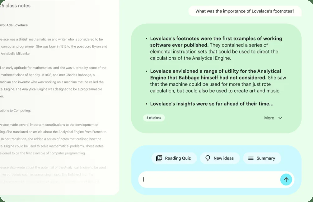 NotebookLM chat answering about Lovelace footnotes with source citations