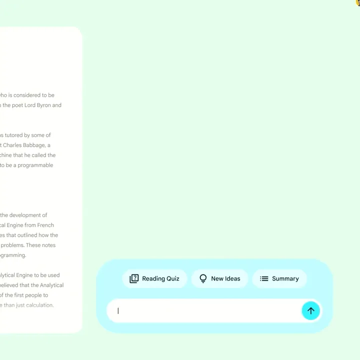 NotebookLM chat panel with Reading Quiz, New Ideas and Summary buttons