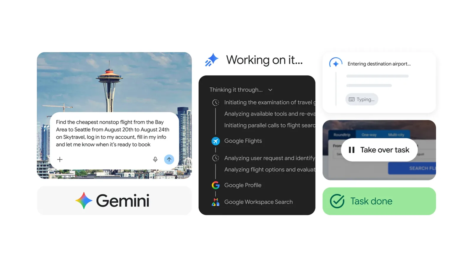 Gemini Spark working on a flight-booking task, showing its step plan