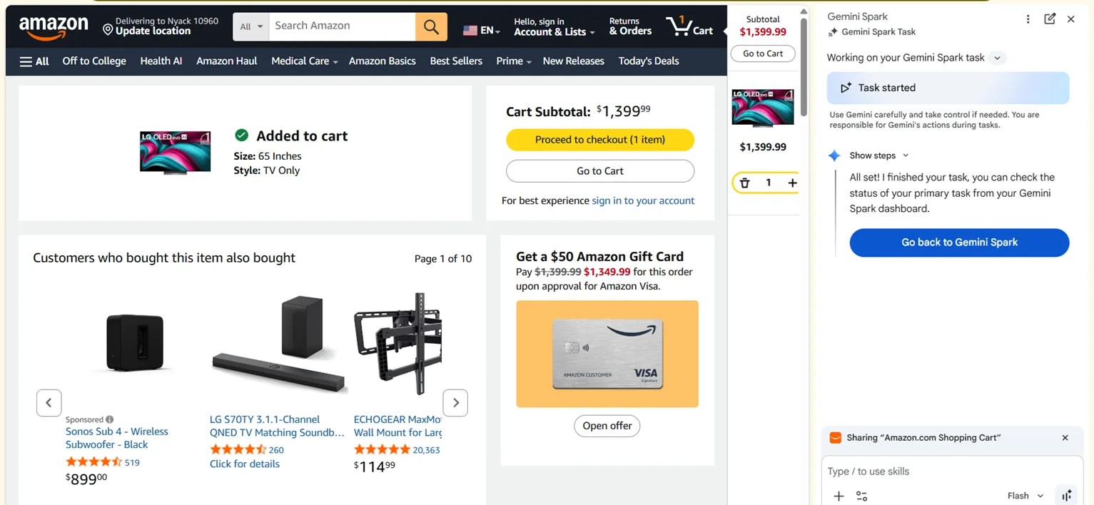 Gemini Spark task panel beside an Amazon cart it filled