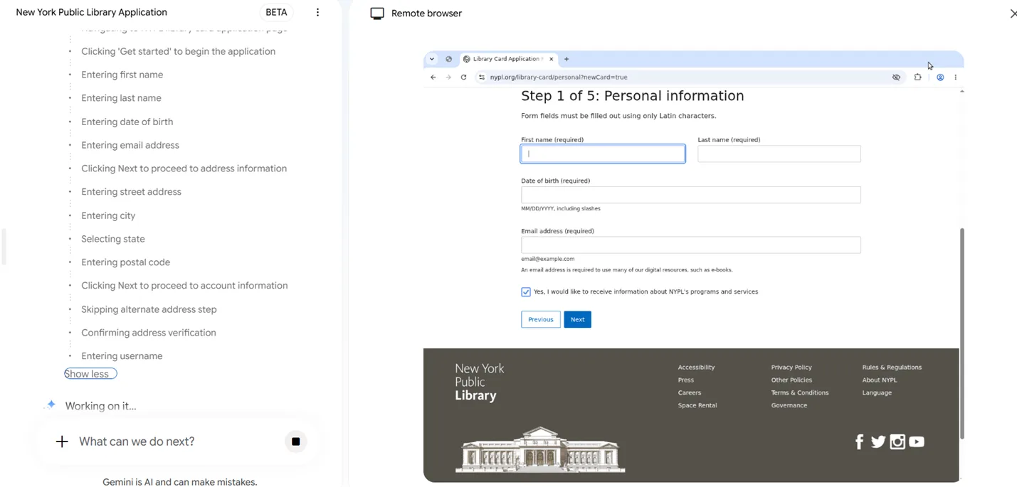 Gemini Spark remote browser filling a library card application form