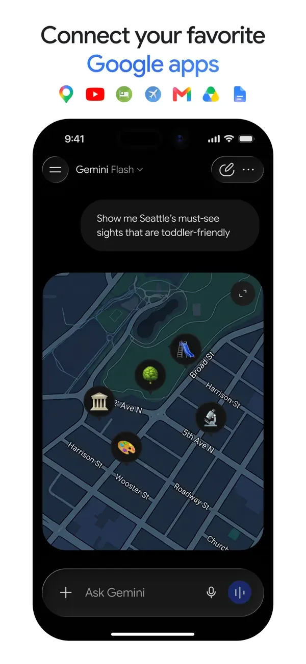 Gemini app answering a Seattle sightseeing question with a map