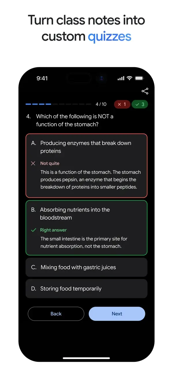 Gemini app turning class notes into a multiple-choice quiz