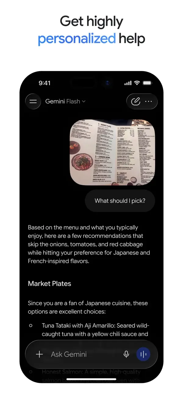 Gemini app recommending dishes from a restaurant menu photo