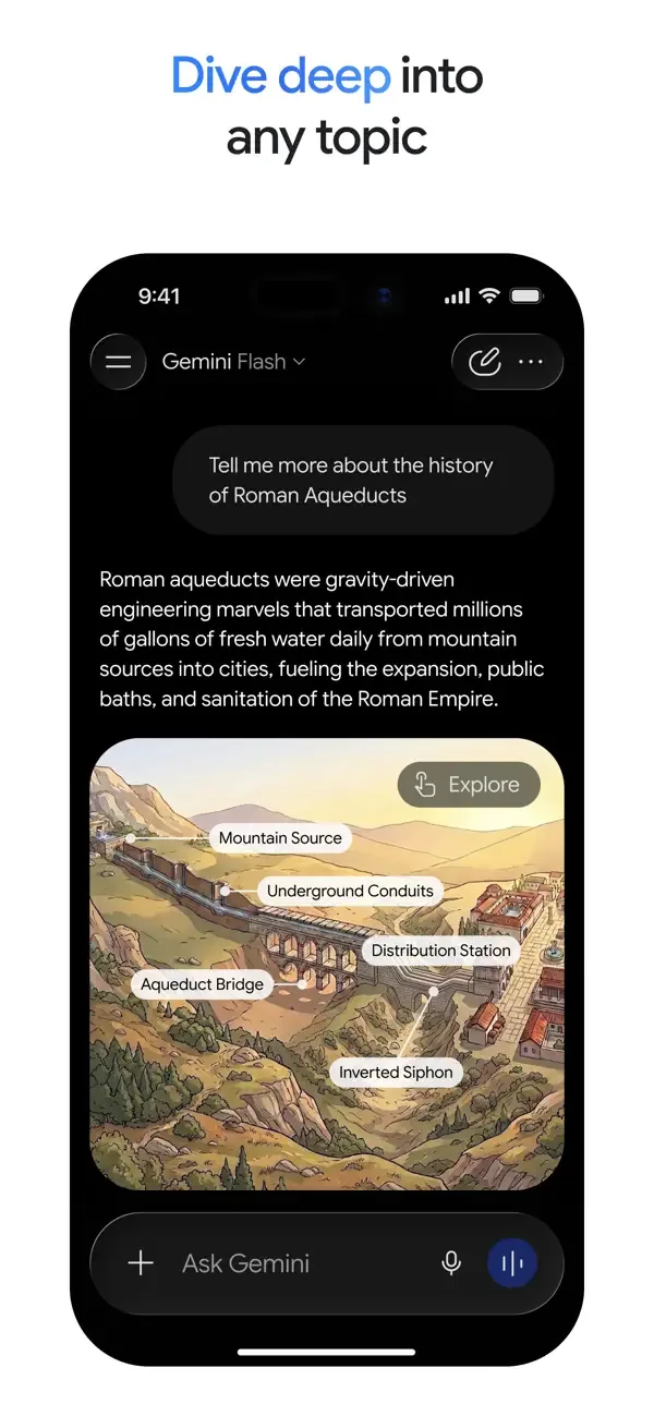 Gemini app deep-diving into the history of Roman aqueducts