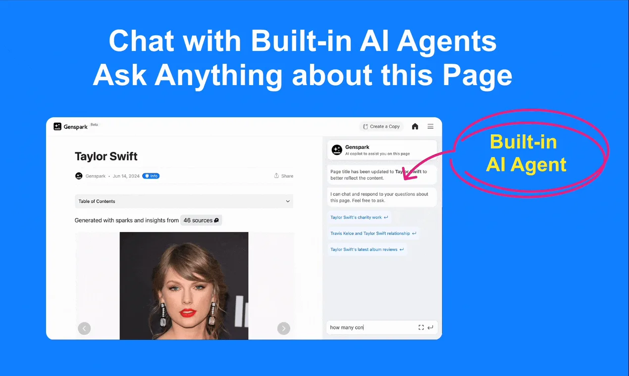 Genspark Sparkpage with built-in AI agent chat answering about a page