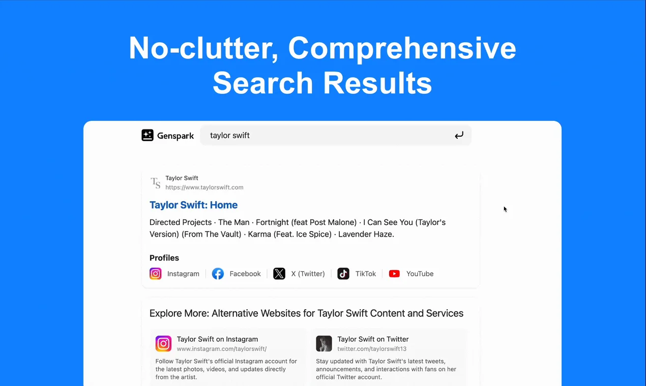 Genspark clutter-free search results Sparkpage
