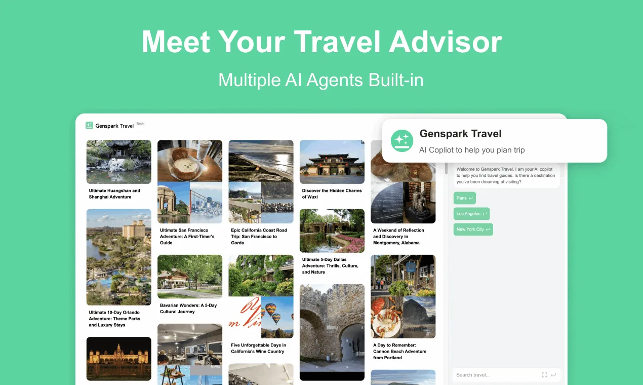 Genspark travel advisor Sparkpage with photos and itinerary