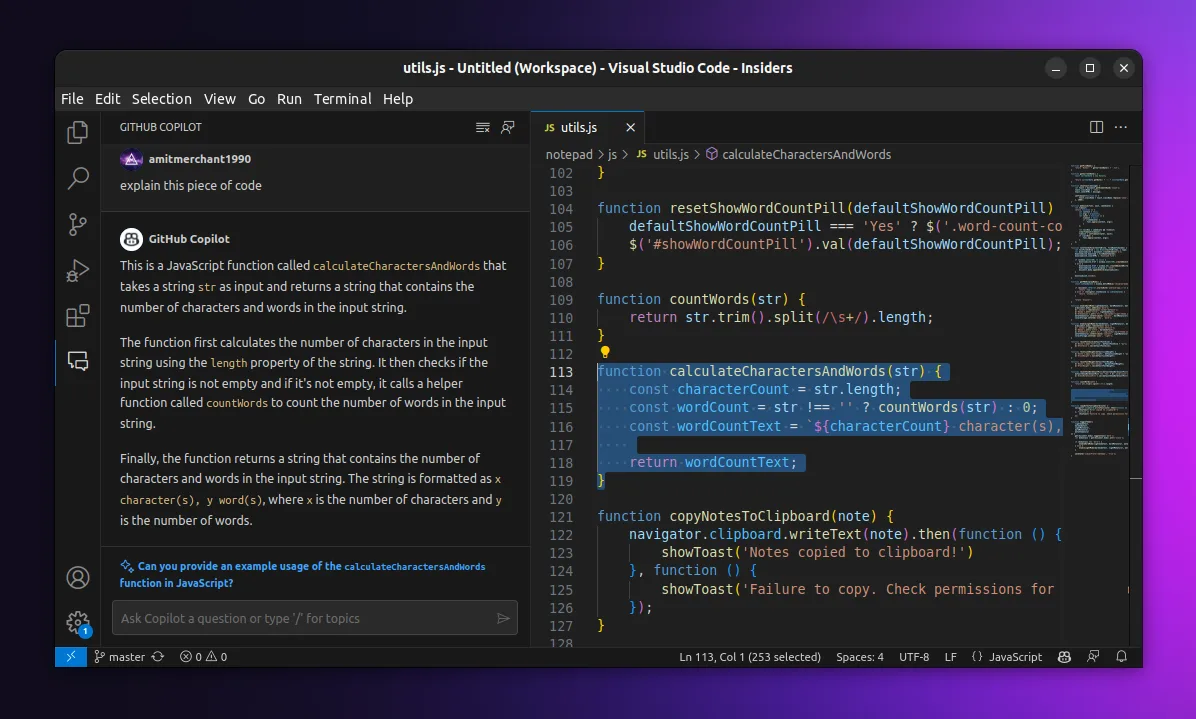 GitHub Copilot explaining a JavaScript function in VS Code