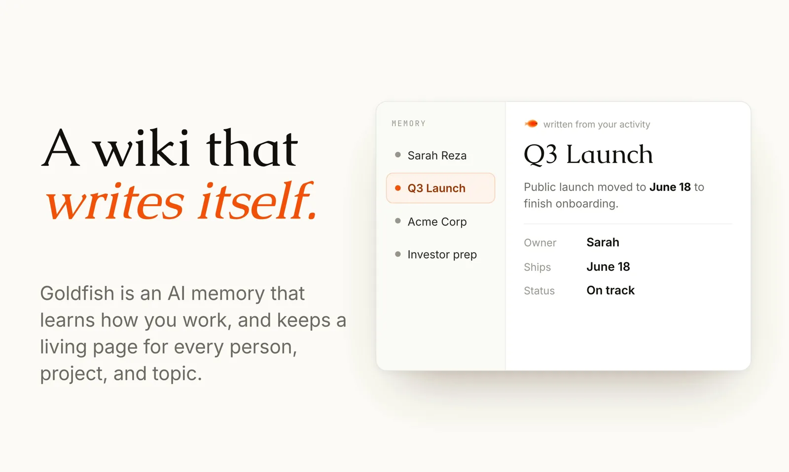 Goldfish self-writing wiki page for a Q3 launch project