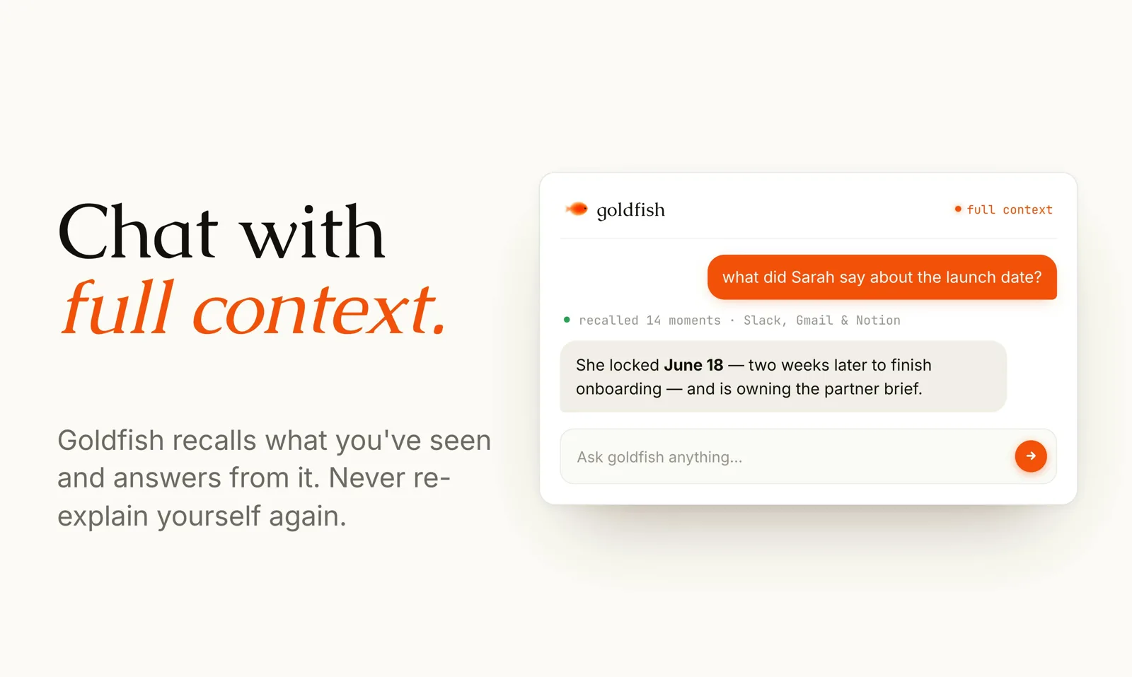 Goldfish chat answering with full context from the user's work