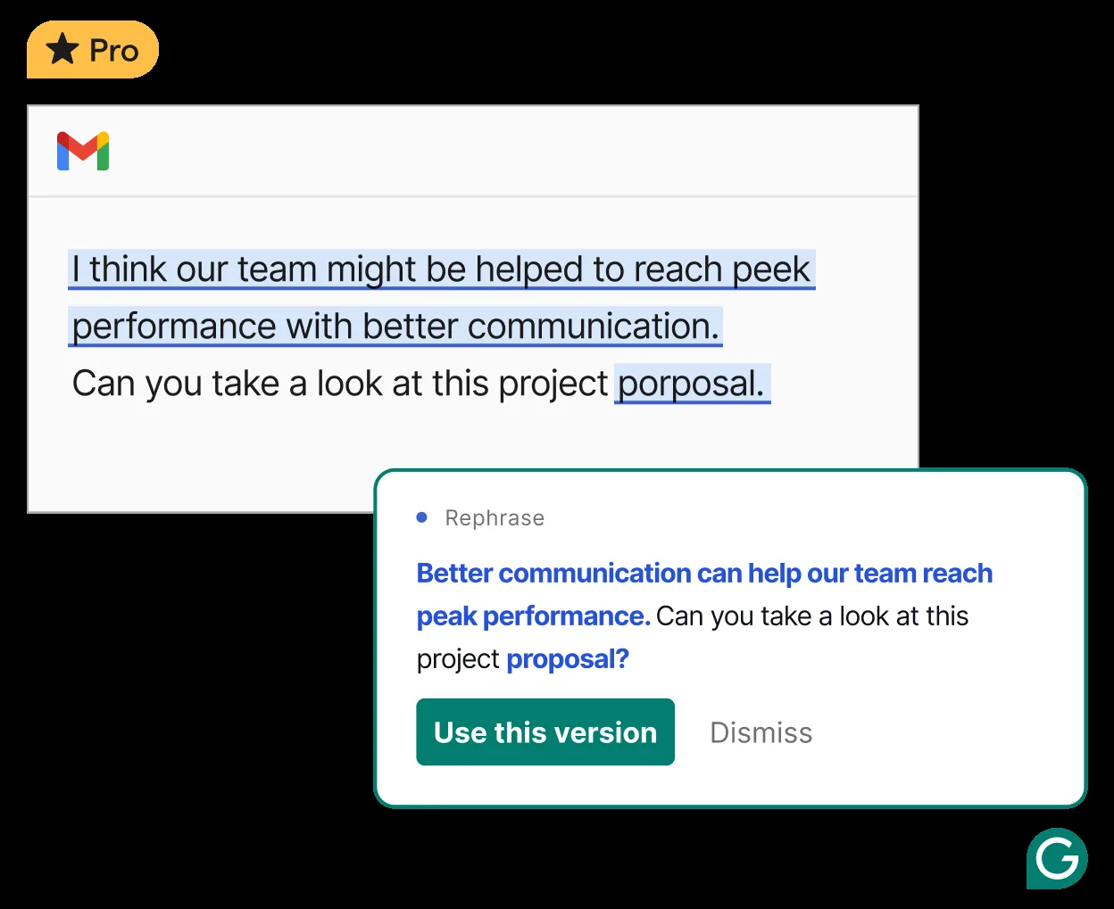 Grammarly in Gmail: rephrase suggestion
