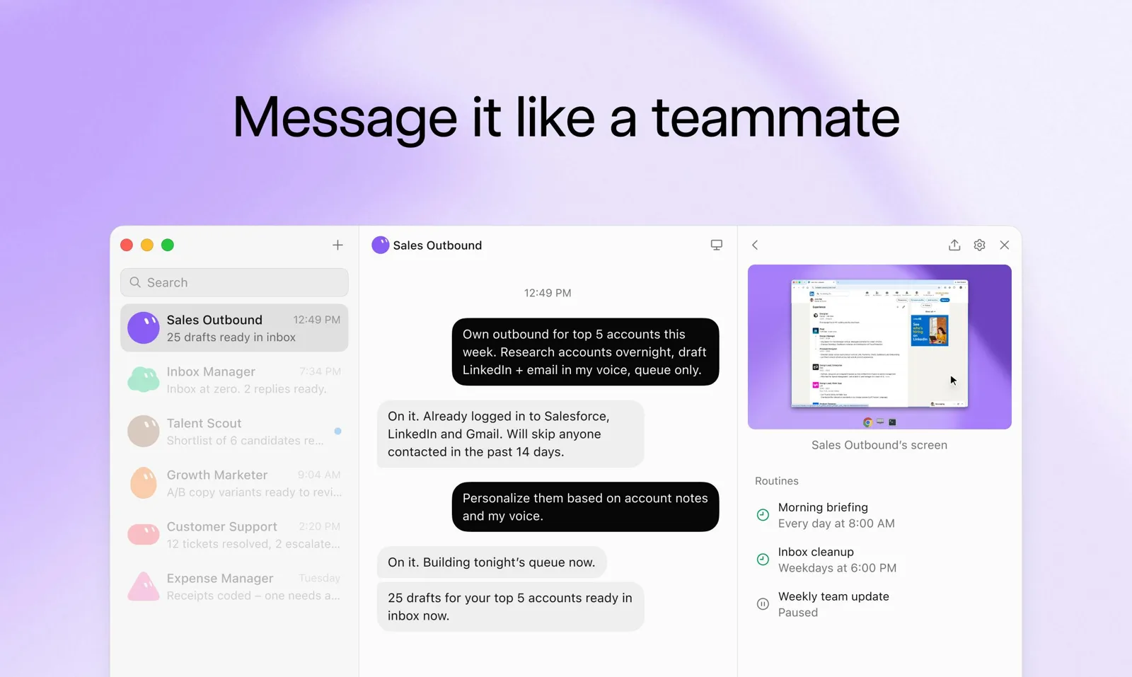 Grok Bot chat threads messaging a Sales Outbound bot like a teammate