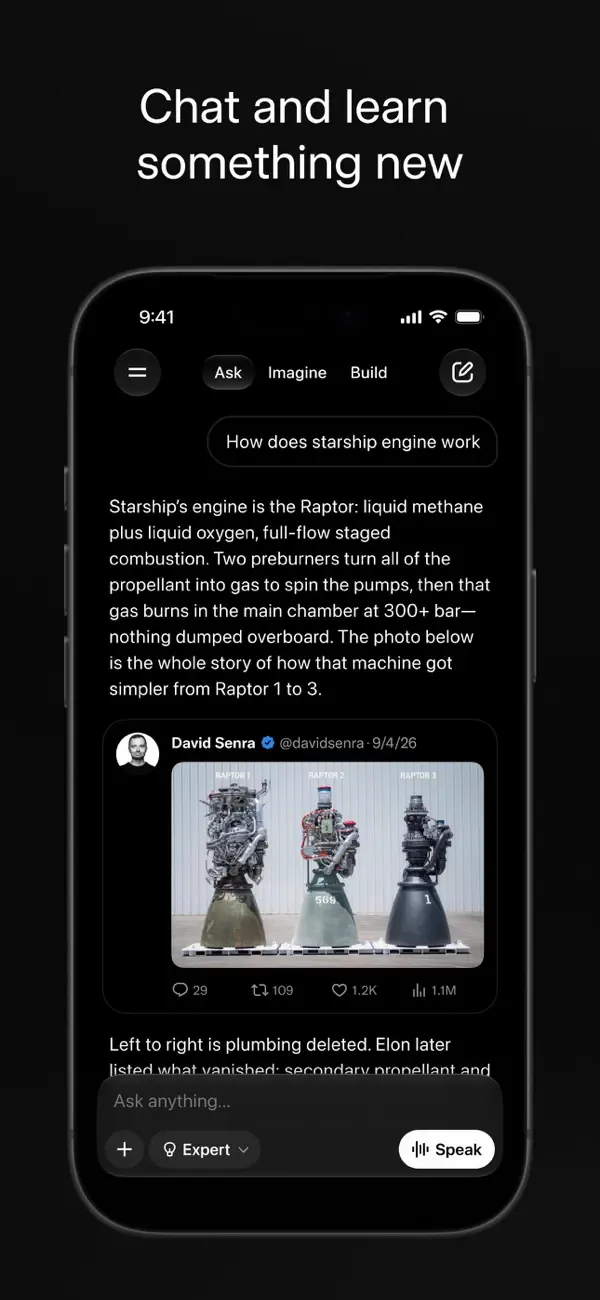 Grok app explaining how a starship engine works