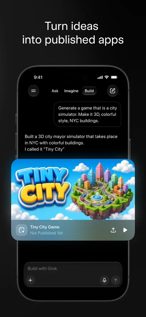Grok app building a Tiny City game from a prompt