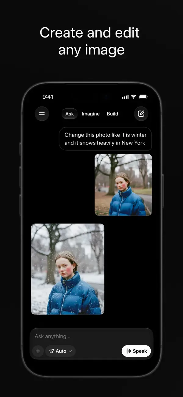 Grok app editing a photo to a snowy New York scene