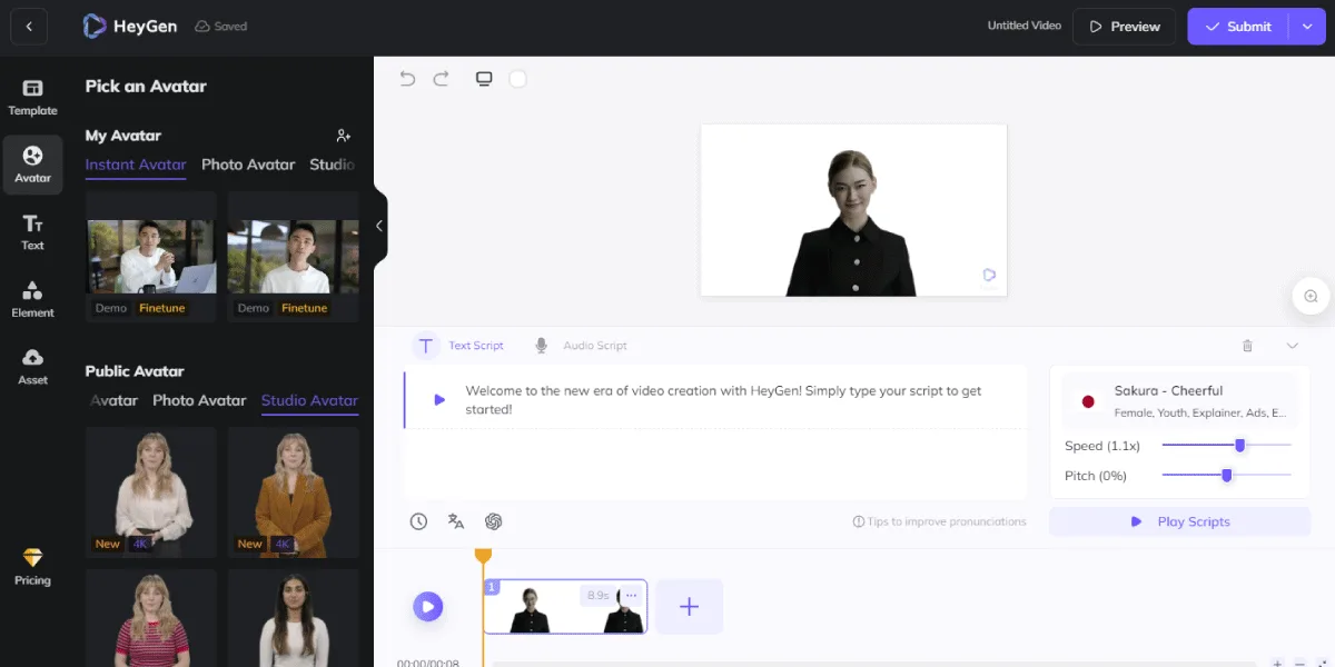 HeyGen video editor with avatar library, script and voice controls