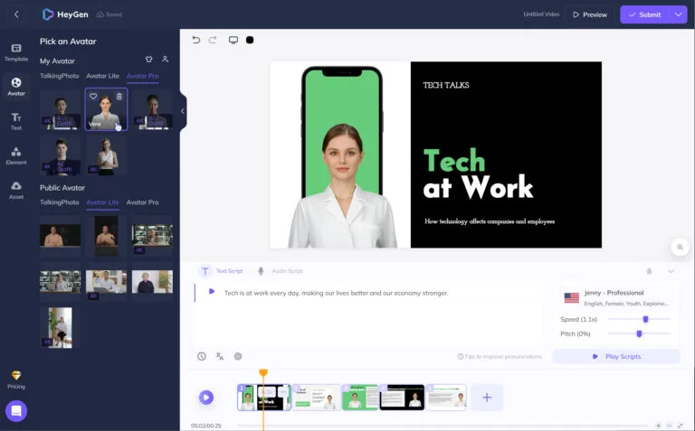 HeyGen editor with vertical and horizontal scene previews