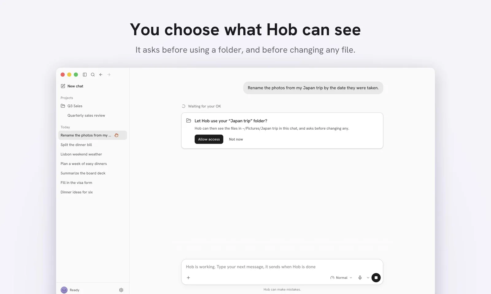Hob asking permission before accessing a folder and changing files