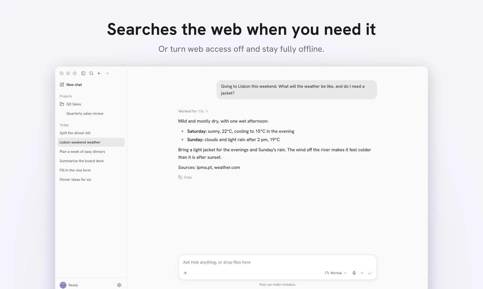 Hob chat answering a question with web search results