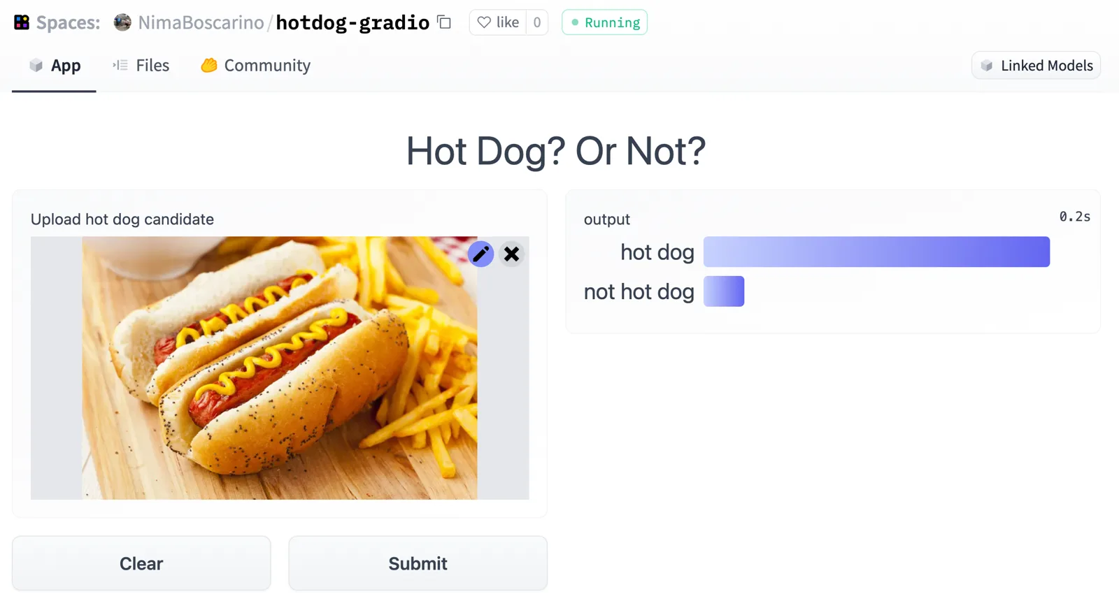 Hugging Face Space running a Gradio hot dog classifier with probability output