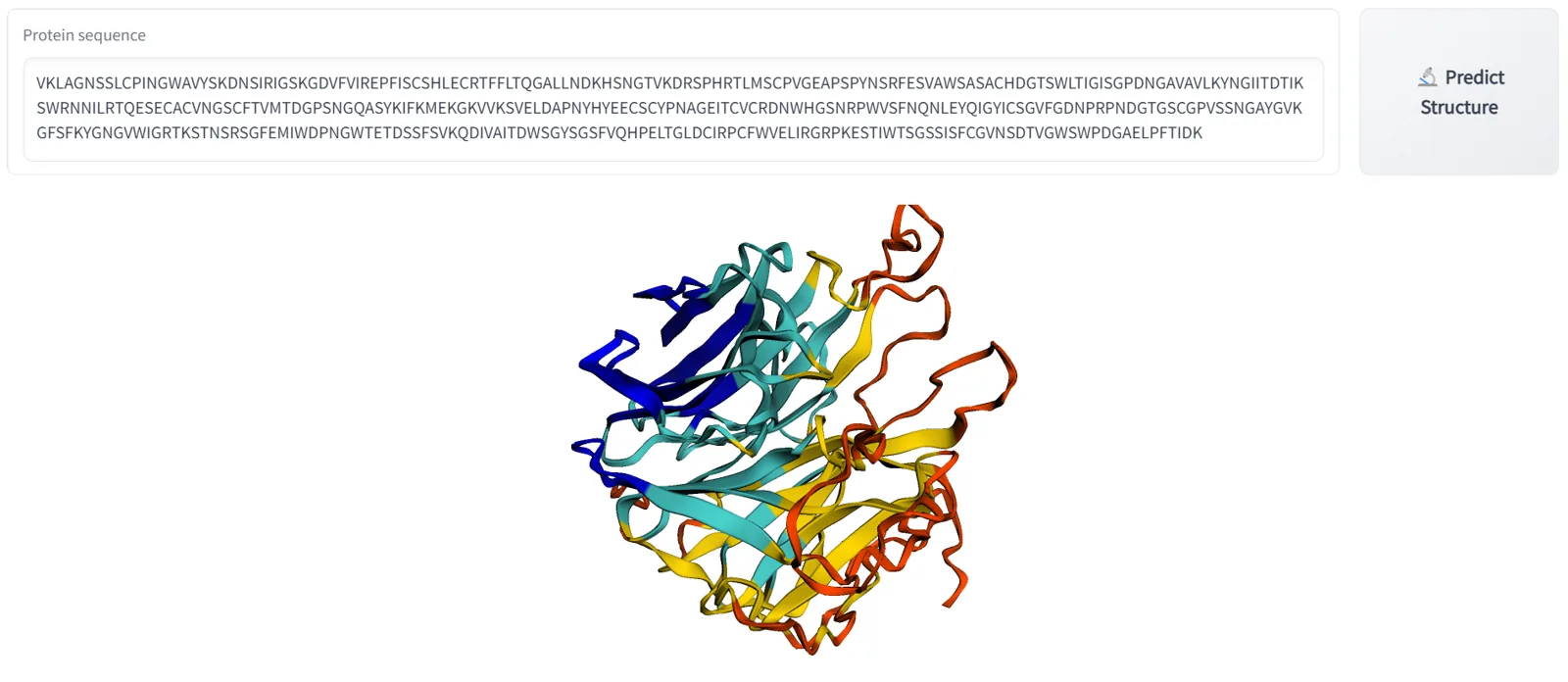 Protein structure prediction demo with sequence input and 3D ribbon output