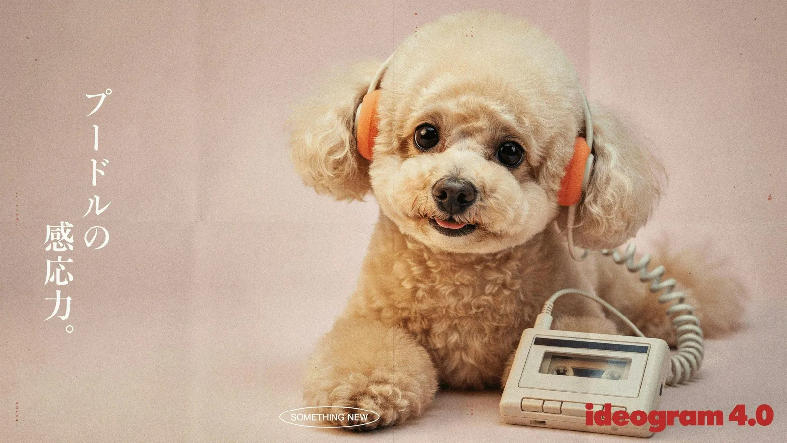 Ideogram 4.0 poster of a dog with headphones and vertical Japanese text