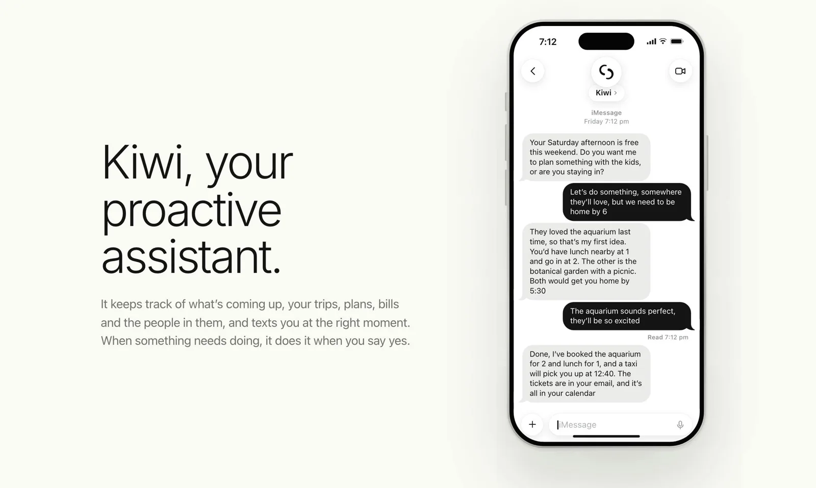 Kiwi texting first on a phone: weekend plan, aquarium booking and taxi offer