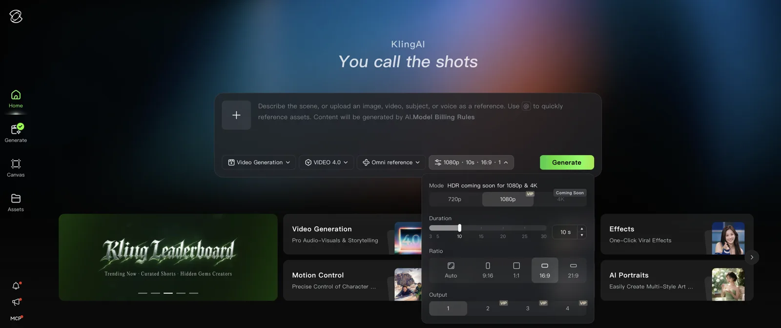 Kling studio interface: prompt box, VIDEO 4.0, Omni reference and 1080p 10s settings