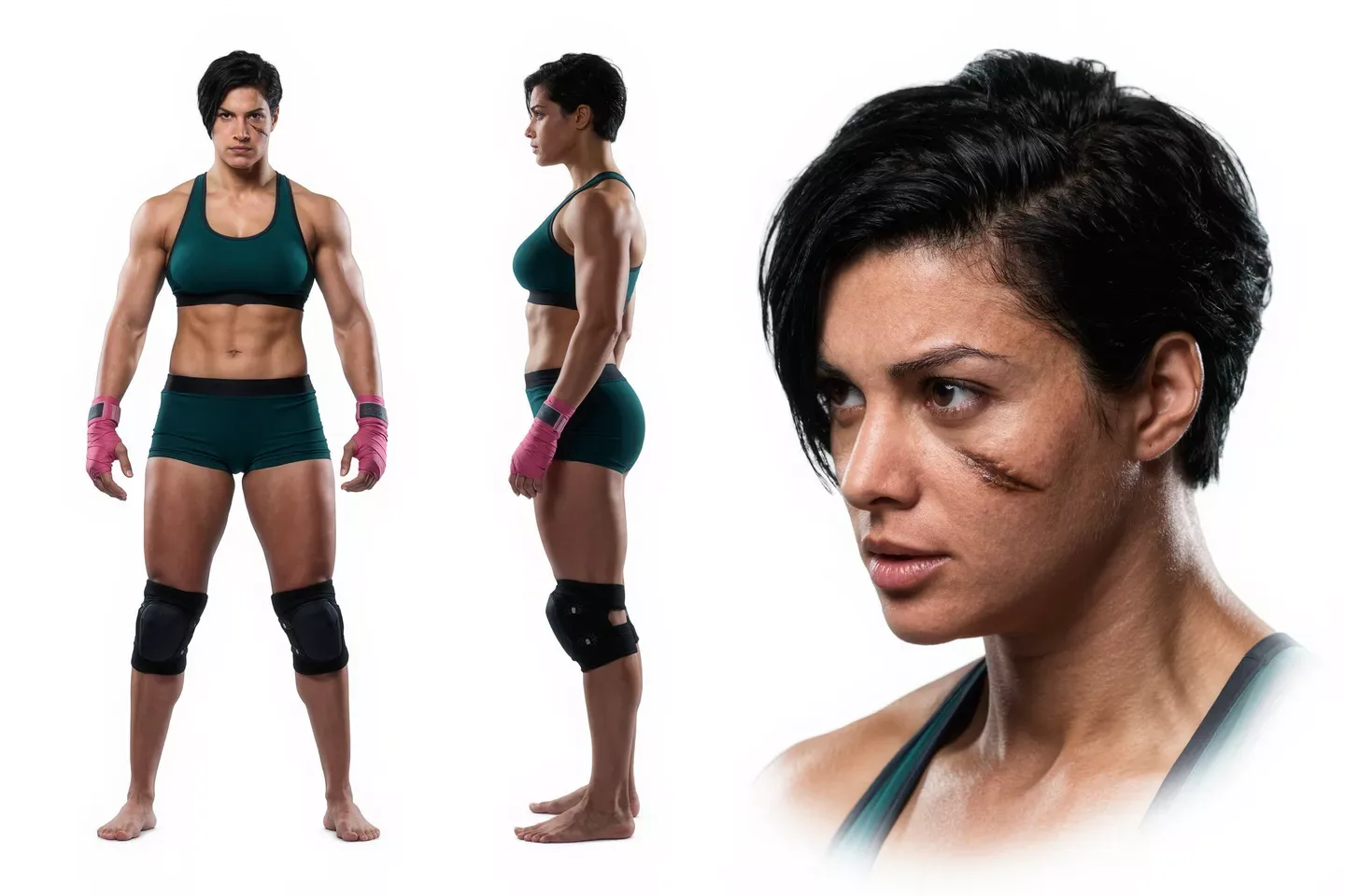 Kling character consistency sheet: same athlete in front, side and portrait views