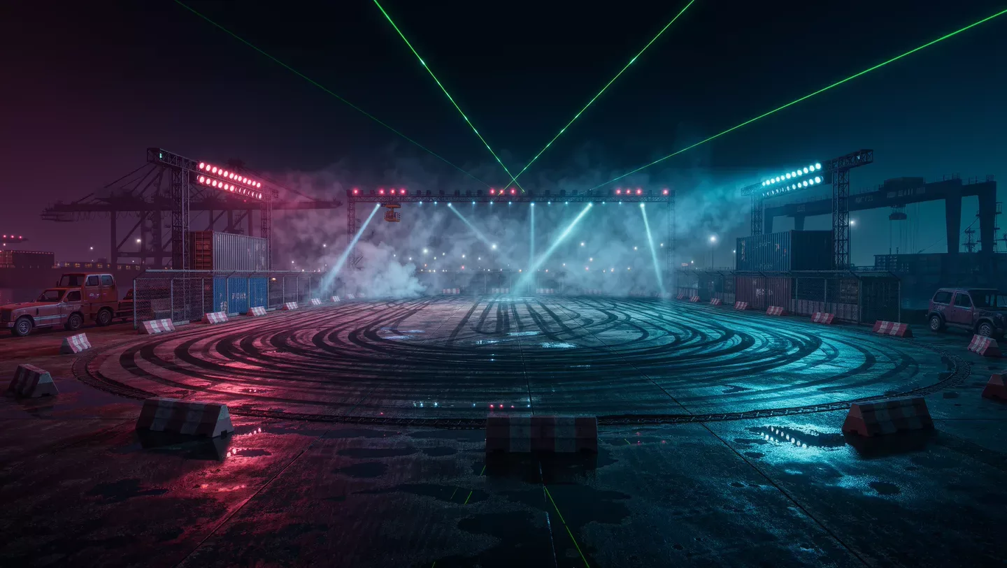 Kling generated neon arena scene with laser light show
