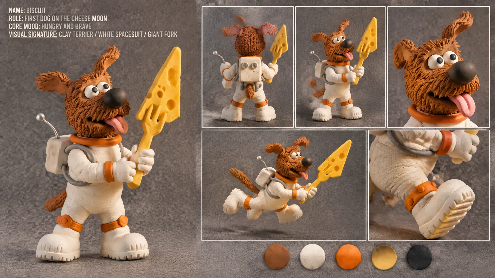 Kling claymation dog astronaut character sheet with color palette