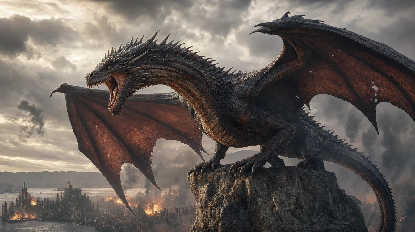 Kling generated dragon perched over a burning city