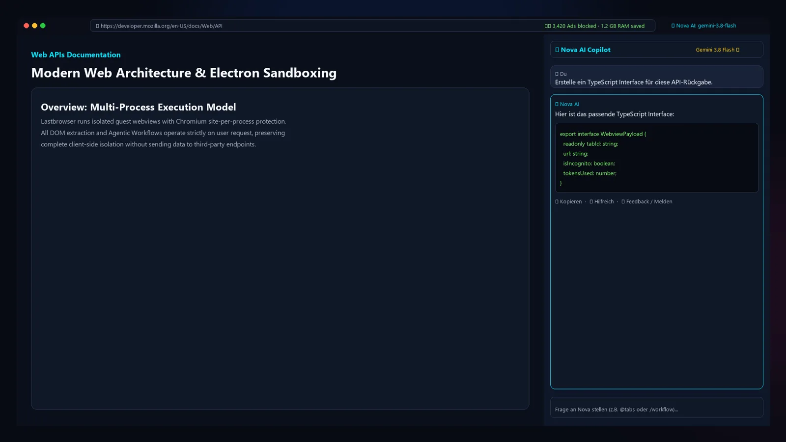 LastBrowser Nova AI Copilot generating a TypeScript interface from a docs page