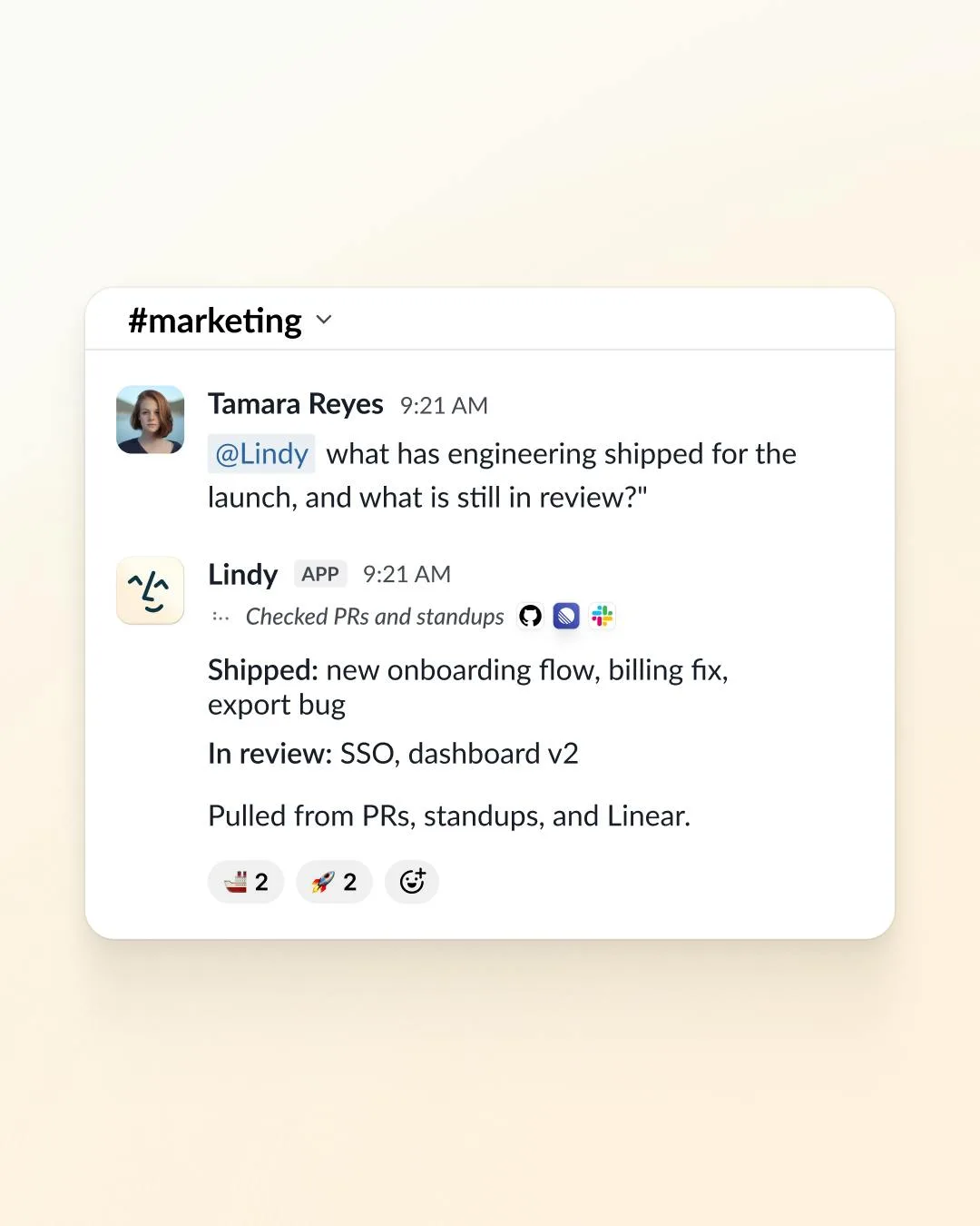 Lindy answering in Slack what engineering shipped and what is still in review