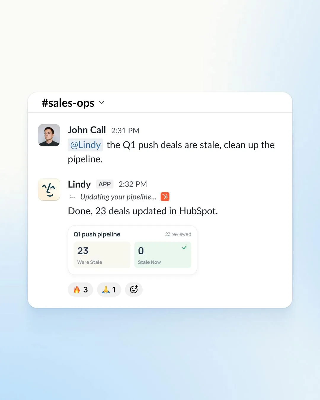 Lindy in Slack cleaning a sales pipeline and updating 23 deals in HubSpot