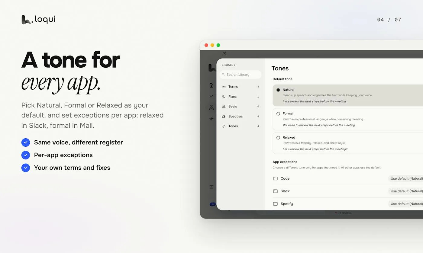 Loqui Tones settings: a tone for every app