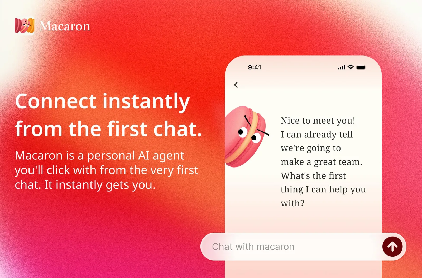 Macaron first chat on a phone: personal AI agent greeting the user