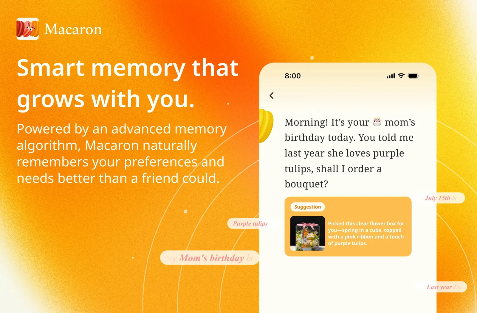 Macaron memory chat reminding the user of mom's birthday and tulip preference