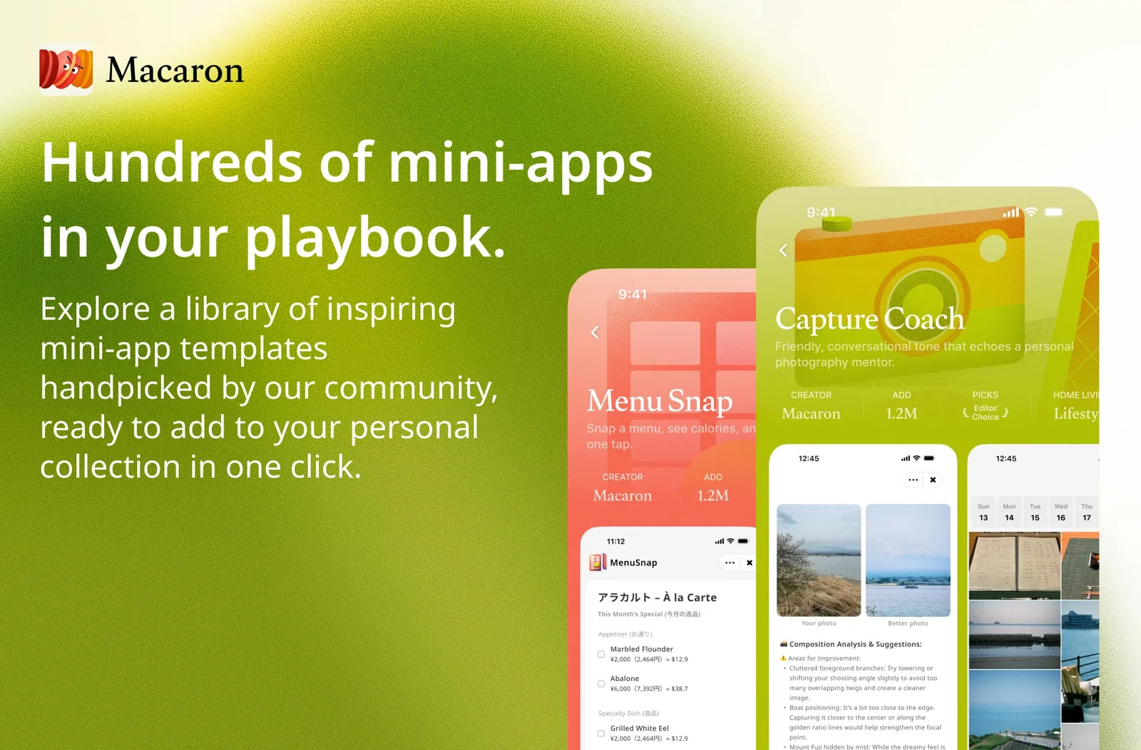 Macaron playbook of mini-apps including Capture Coach and MenuSnap
