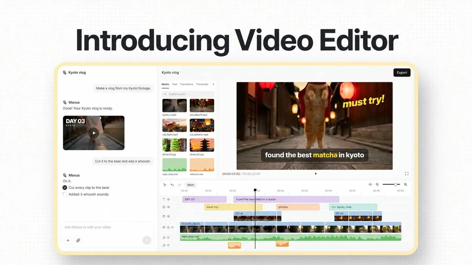 Manus Video Editor interface with timeline, clips and preview