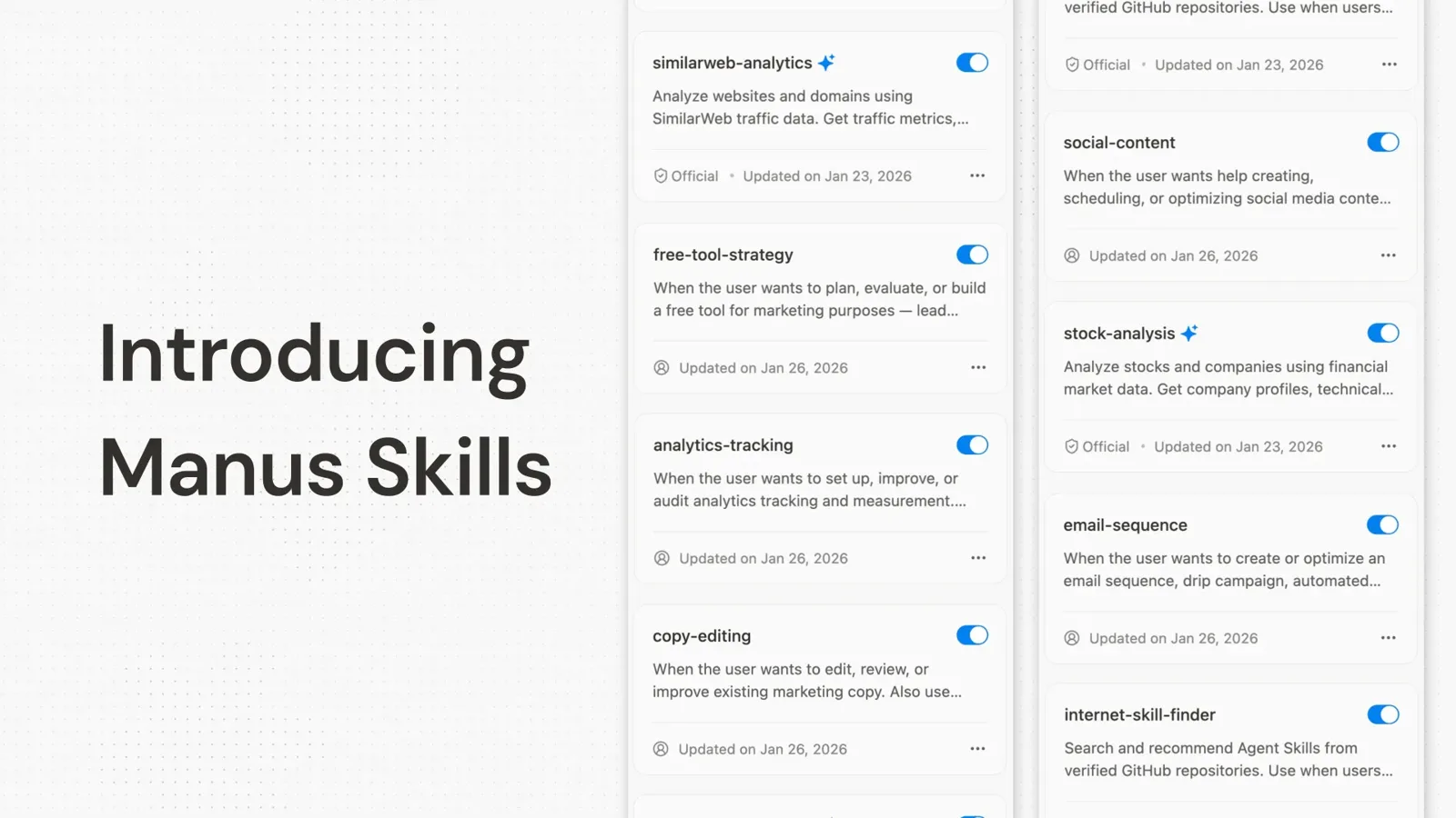 Manus Skills library list with toggles for analytics, copy-editing and other skills