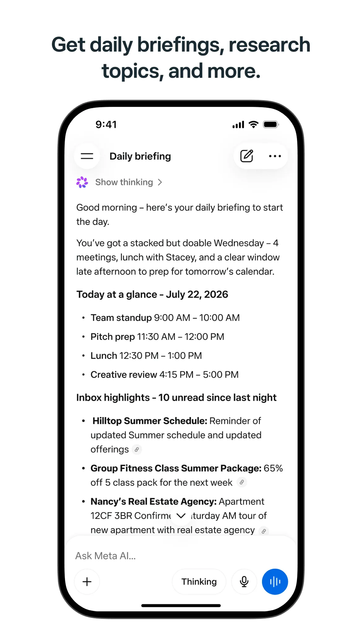 Meta AI daily briefing chat with schedule and inbox highlights