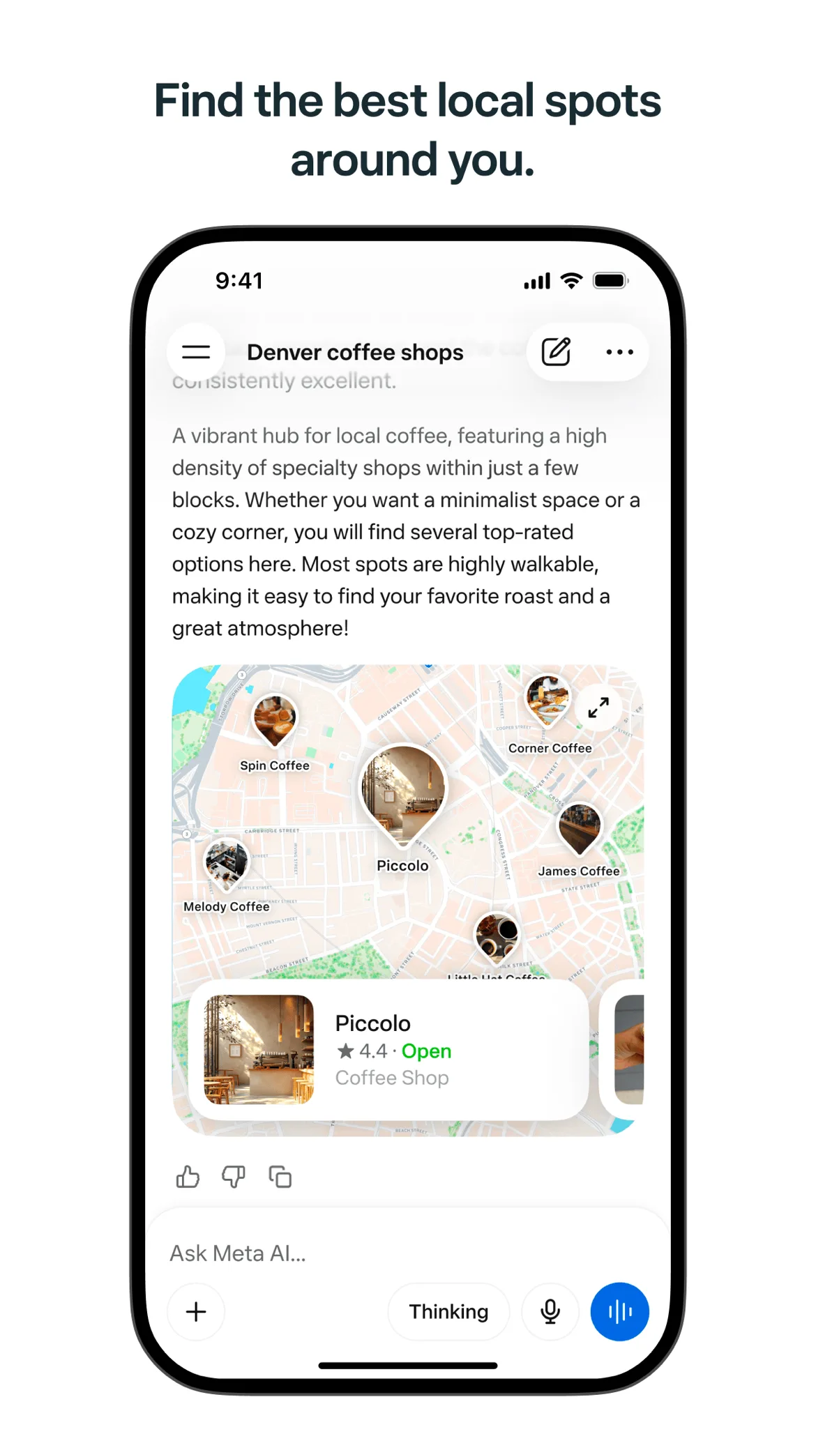 Meta AI local recommendations with map and coffee shop cards