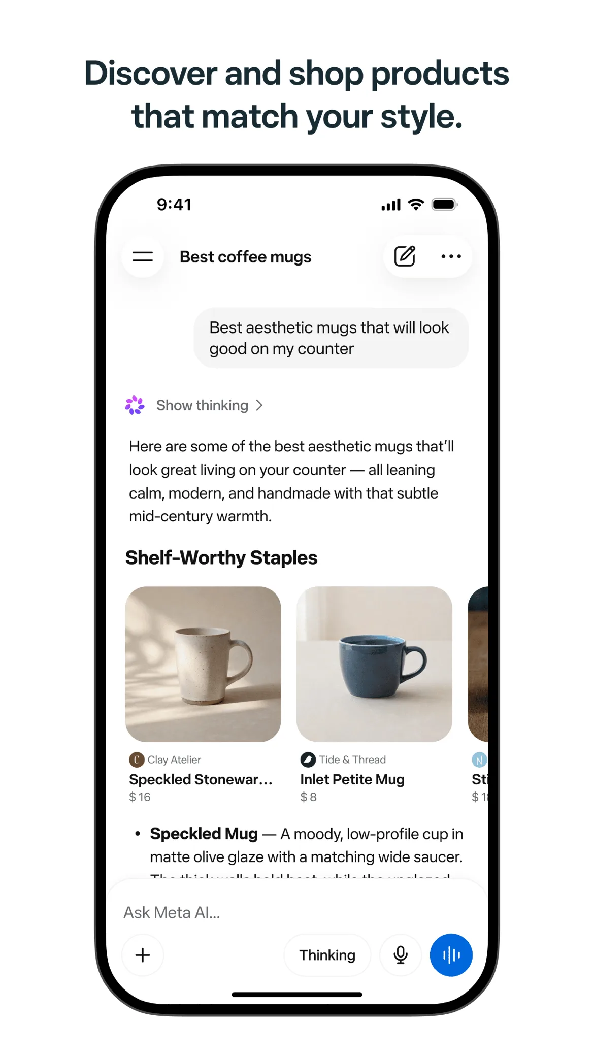 Meta AI shopping recommendations for coffee mugs