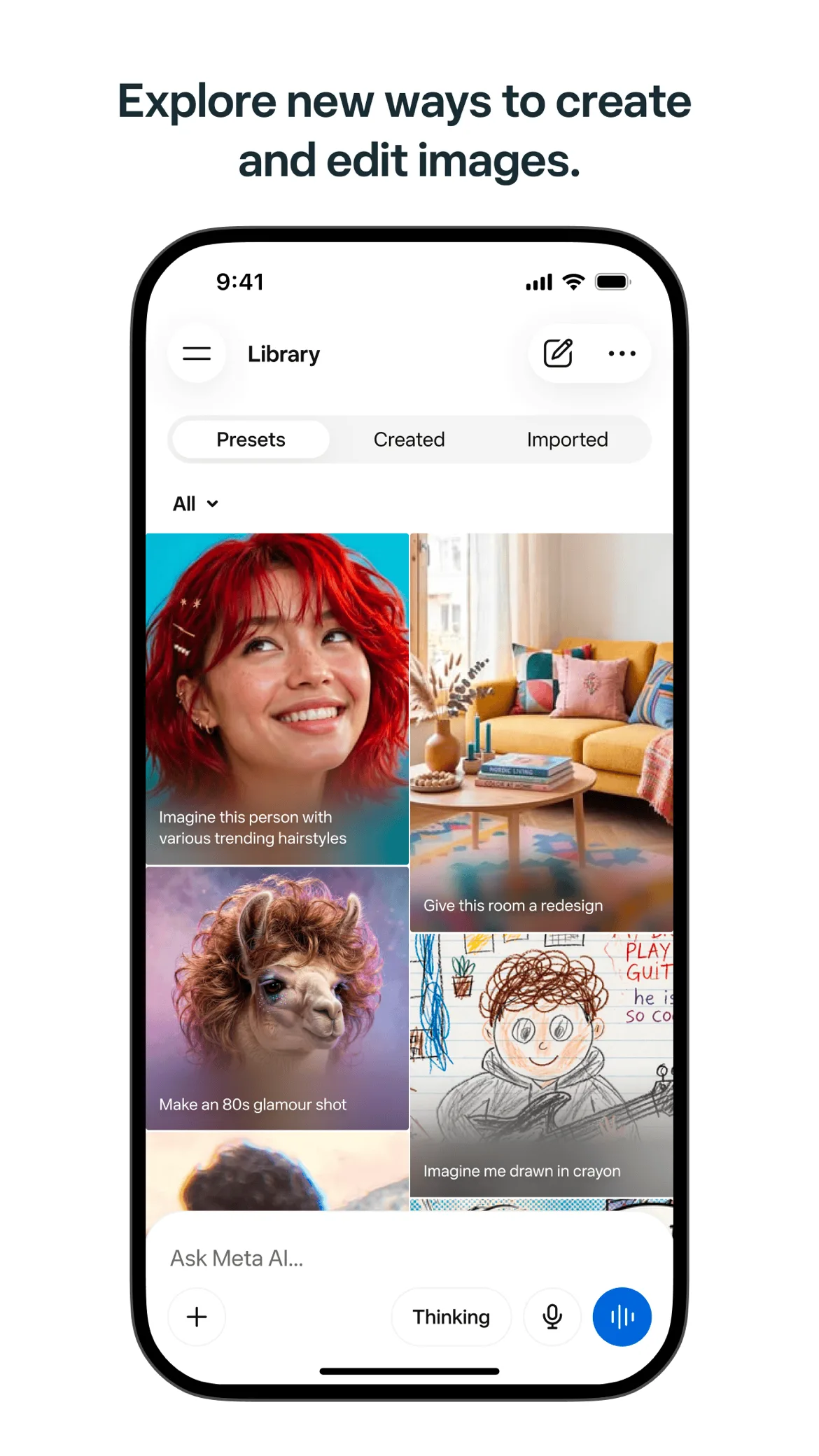 Meta AI image creation library with generated and edited images