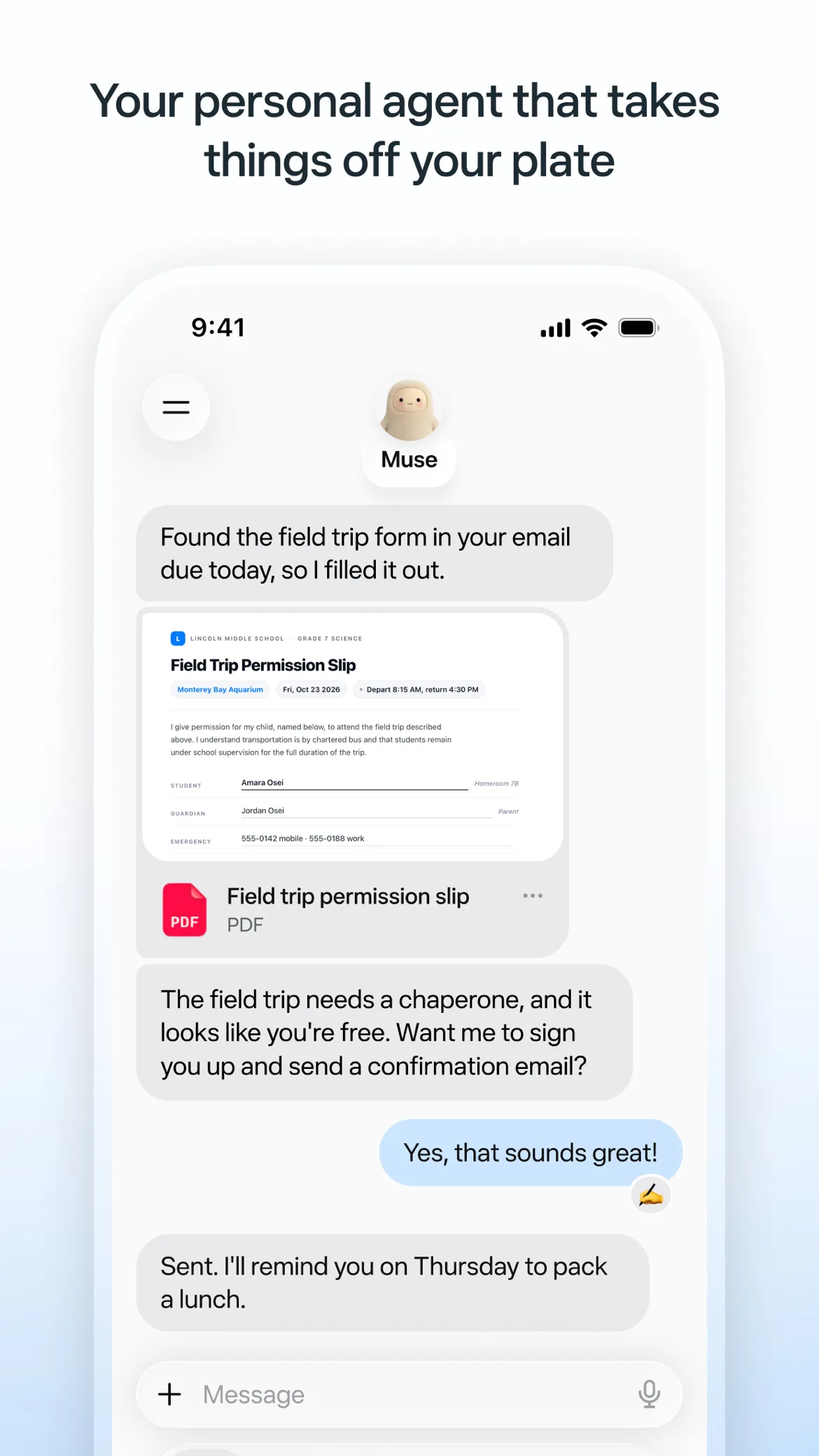 Muse agent completing a field trip form from email and asking approval