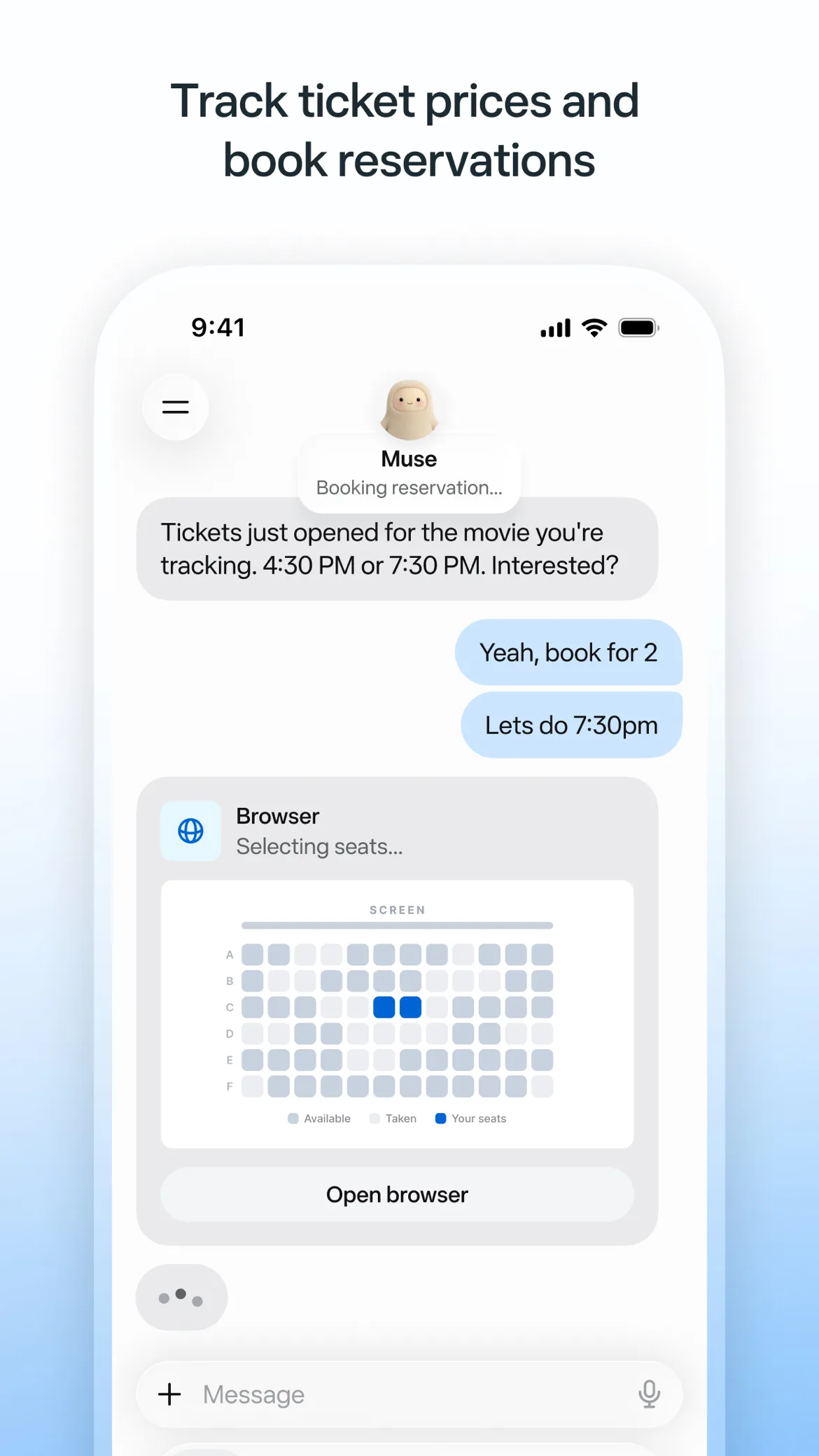 Muse booking cinema tickets with an in-app browser seat map
